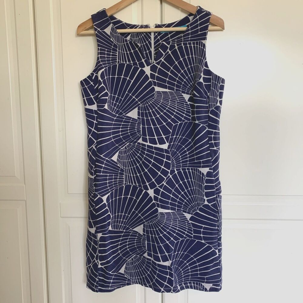 Tori Richard Dress Sleeveless Seashell Print Blue White Womens Size 8
